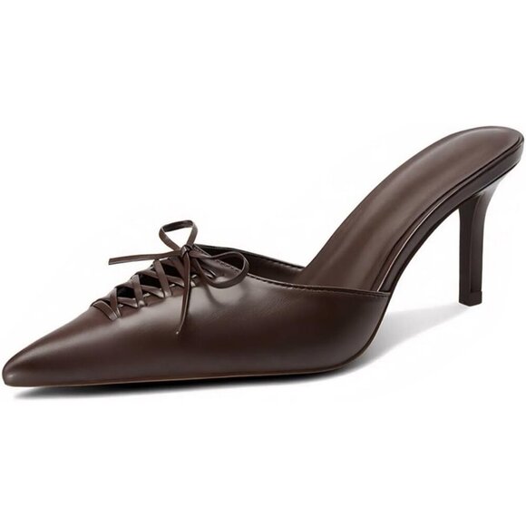 Shoes - 〽️Women's Brown Dressy Bow Kitten Heels Studded Closed Pointed Toe Pump Shoes